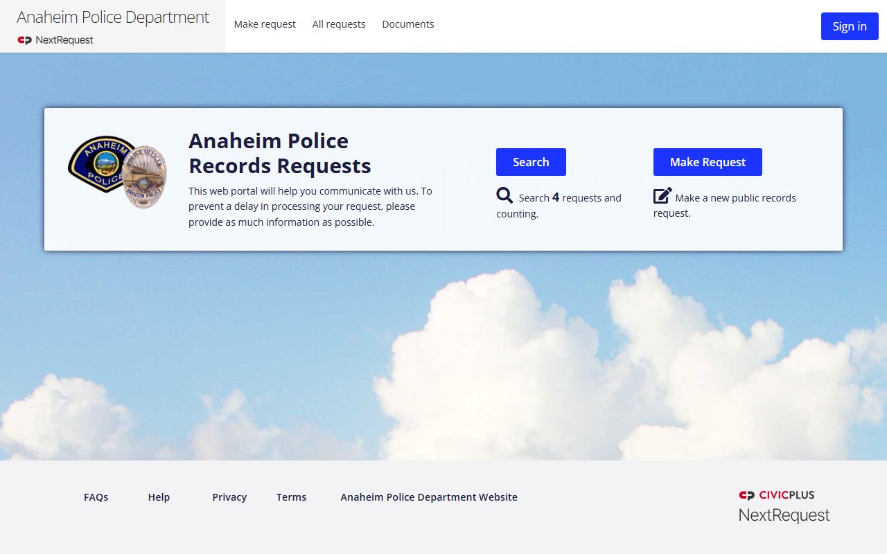 Anaheim Police Department NextRequest records portal for criminal records