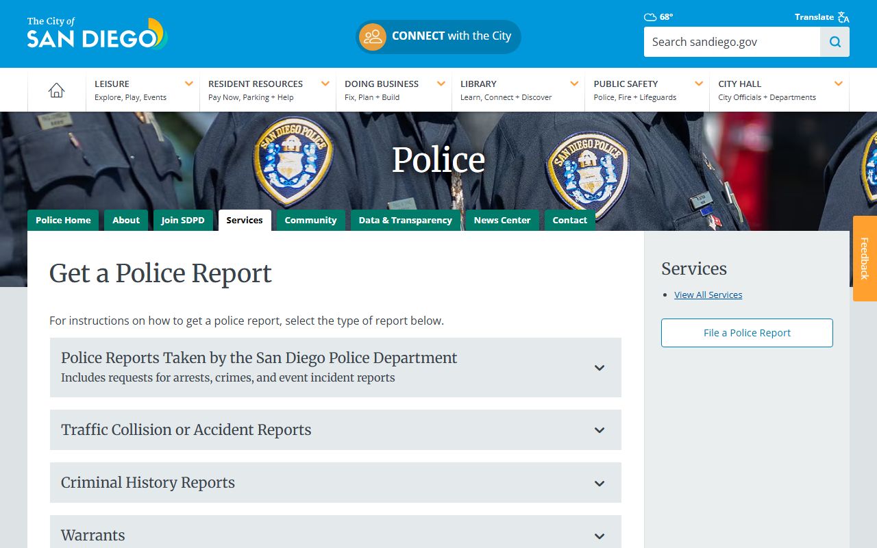 San Diego criminal records SDPD police report request page