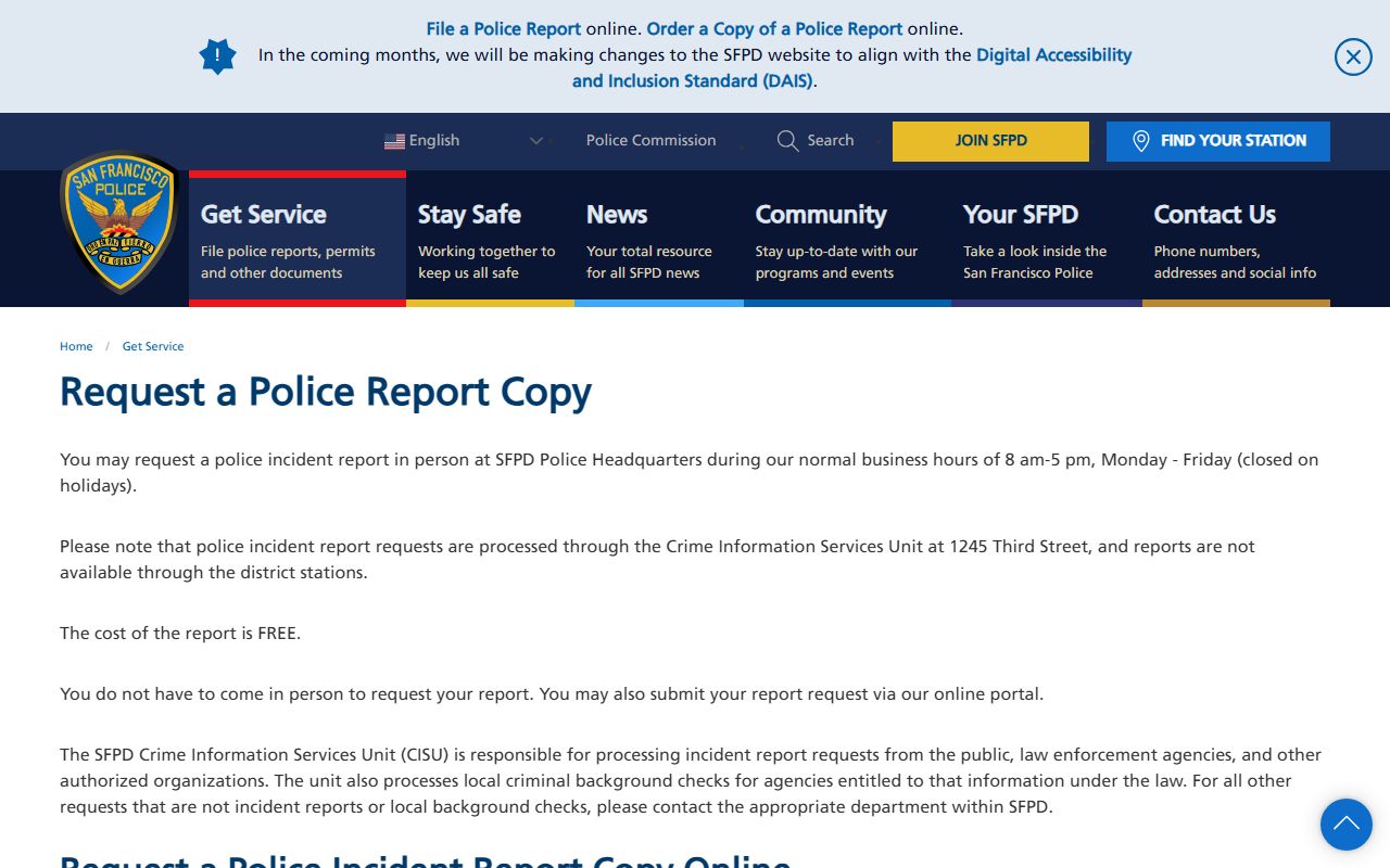 San Francisco criminal records SFPD police report request page