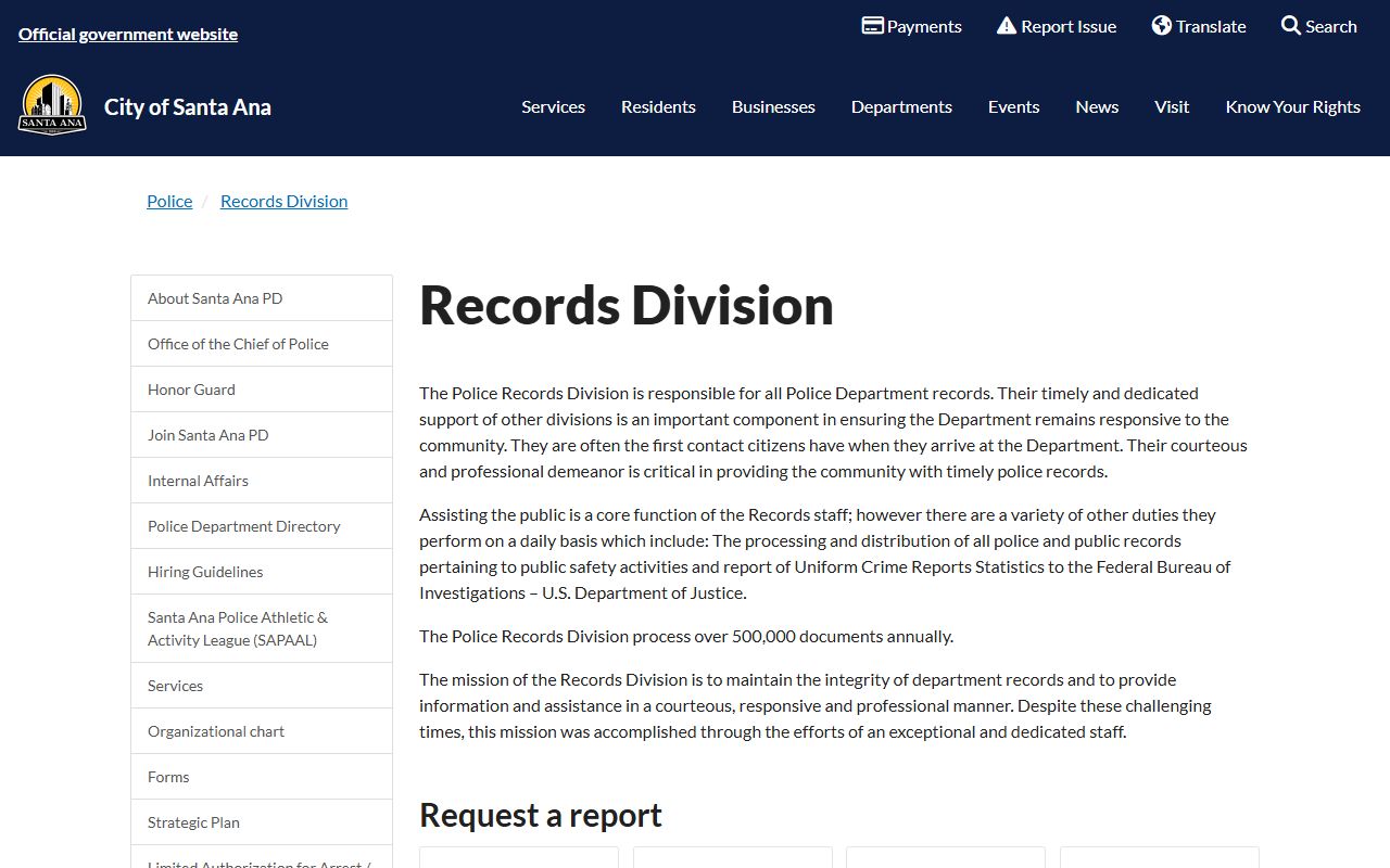 Santa Ana Police Department Records Division page for criminal record requests