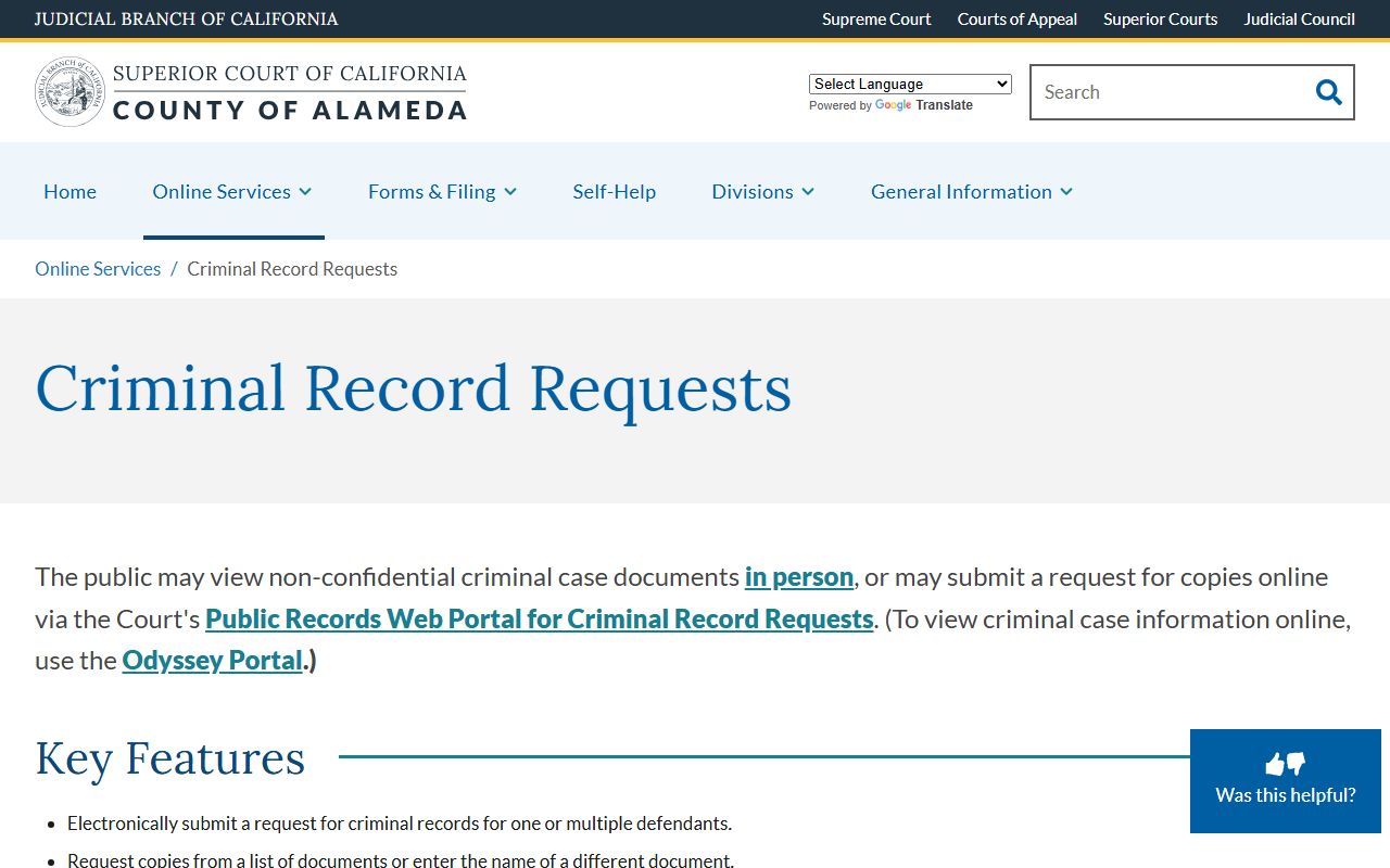 Alameda County criminal records request portal