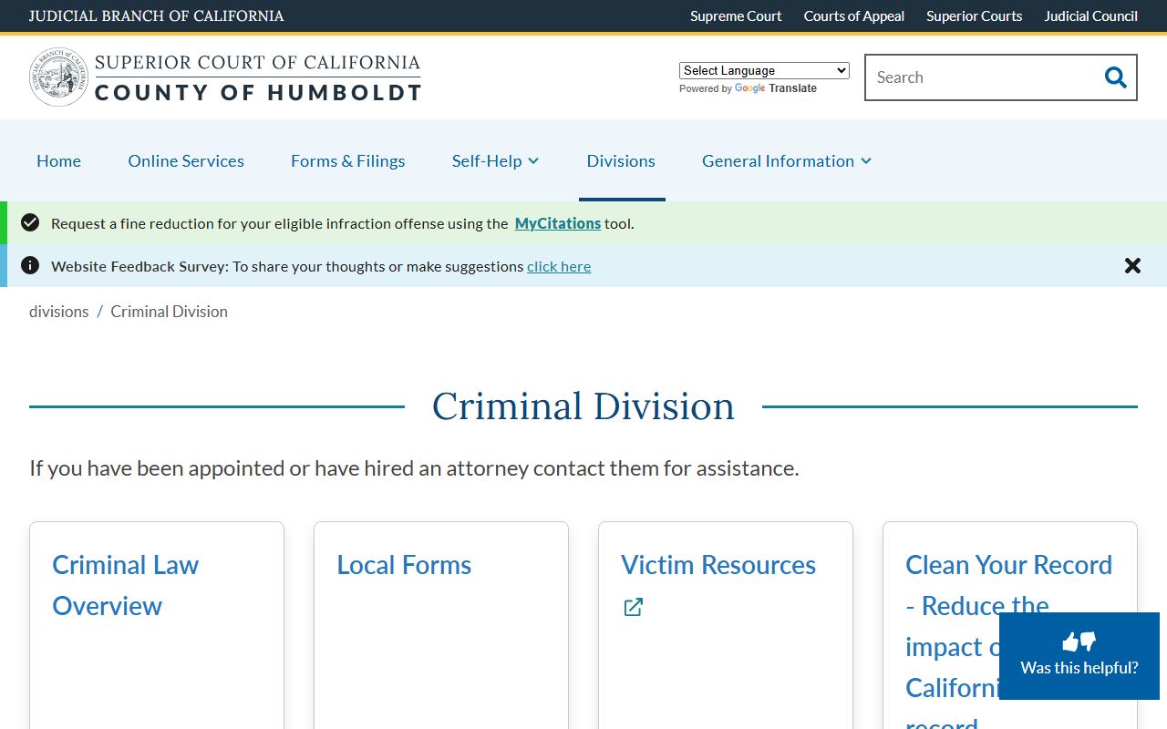 Humboldt County Superior Court criminal division page for criminal records