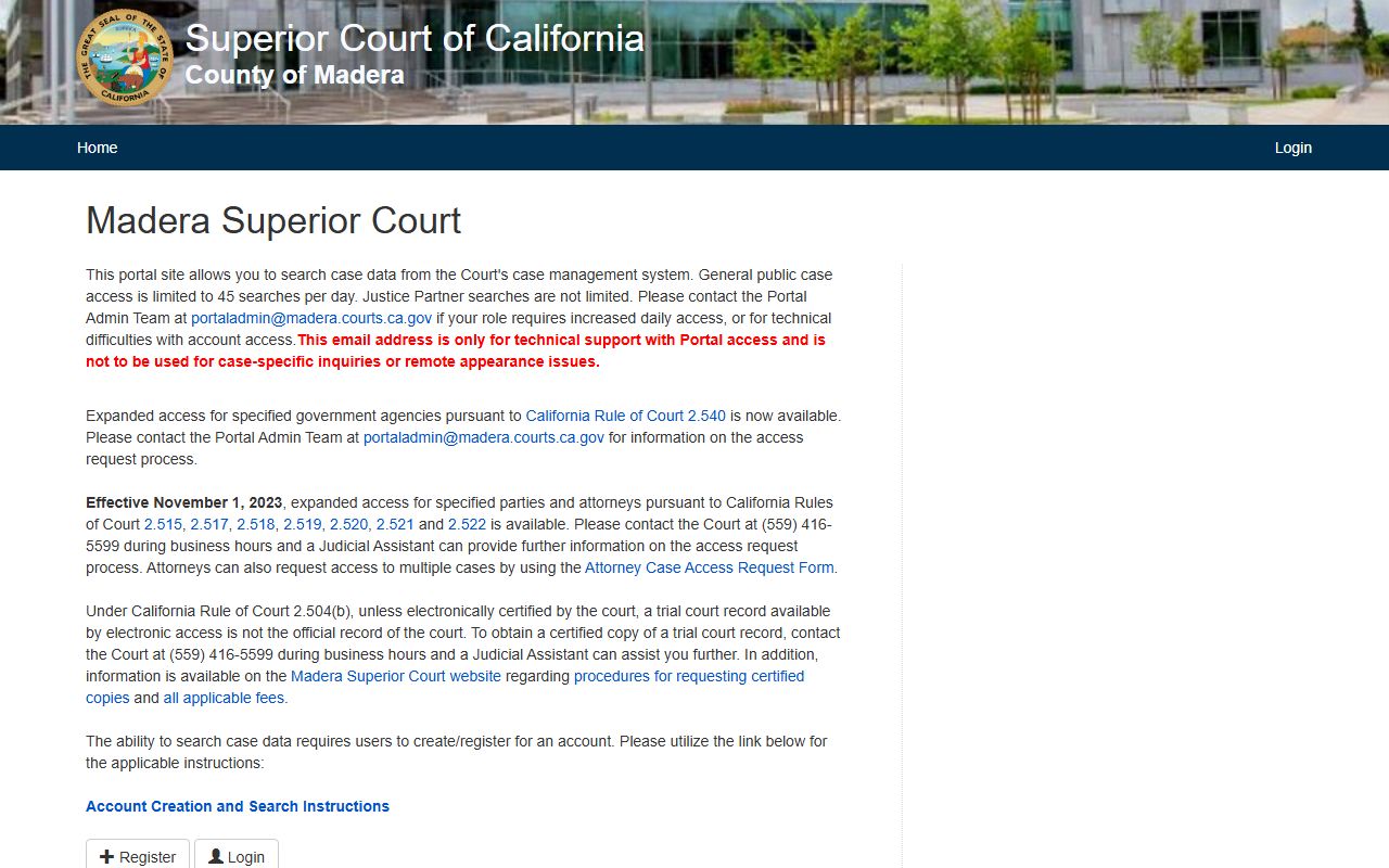 Madera County Superior Court eCourt portal for criminal case records