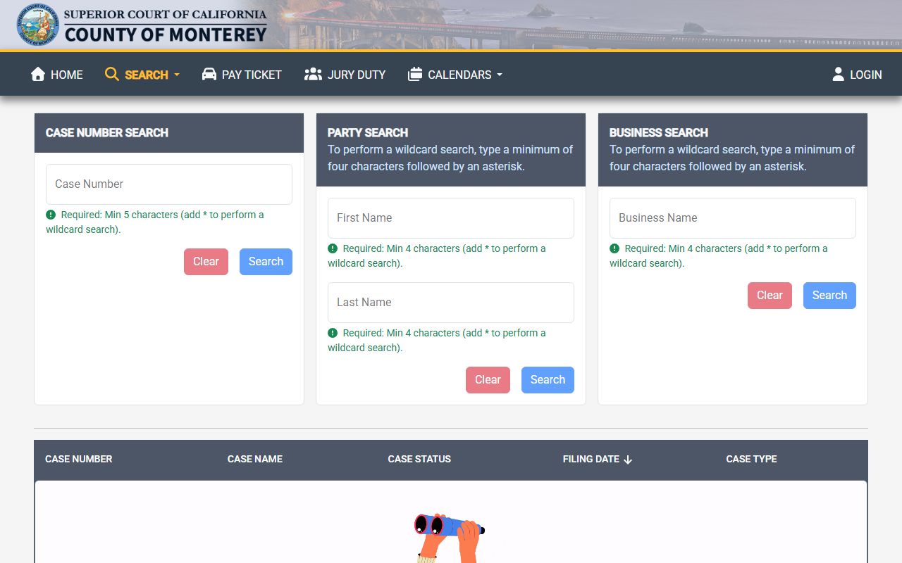 Monterey County court case search portal for criminal records