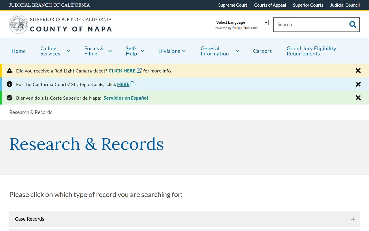 Napa County court research and records page for criminal records