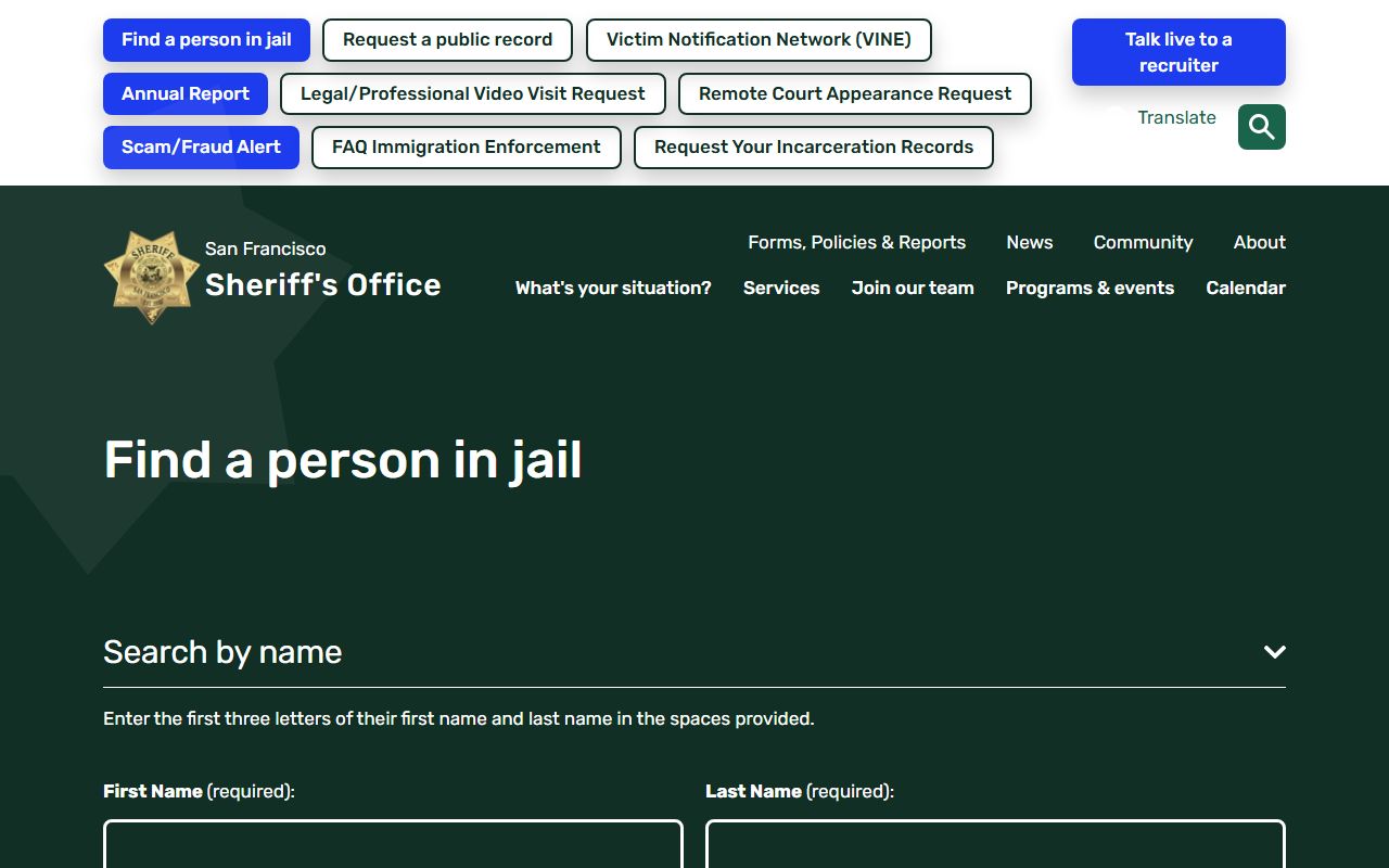 San Francisco Sheriff inmate search for criminal records