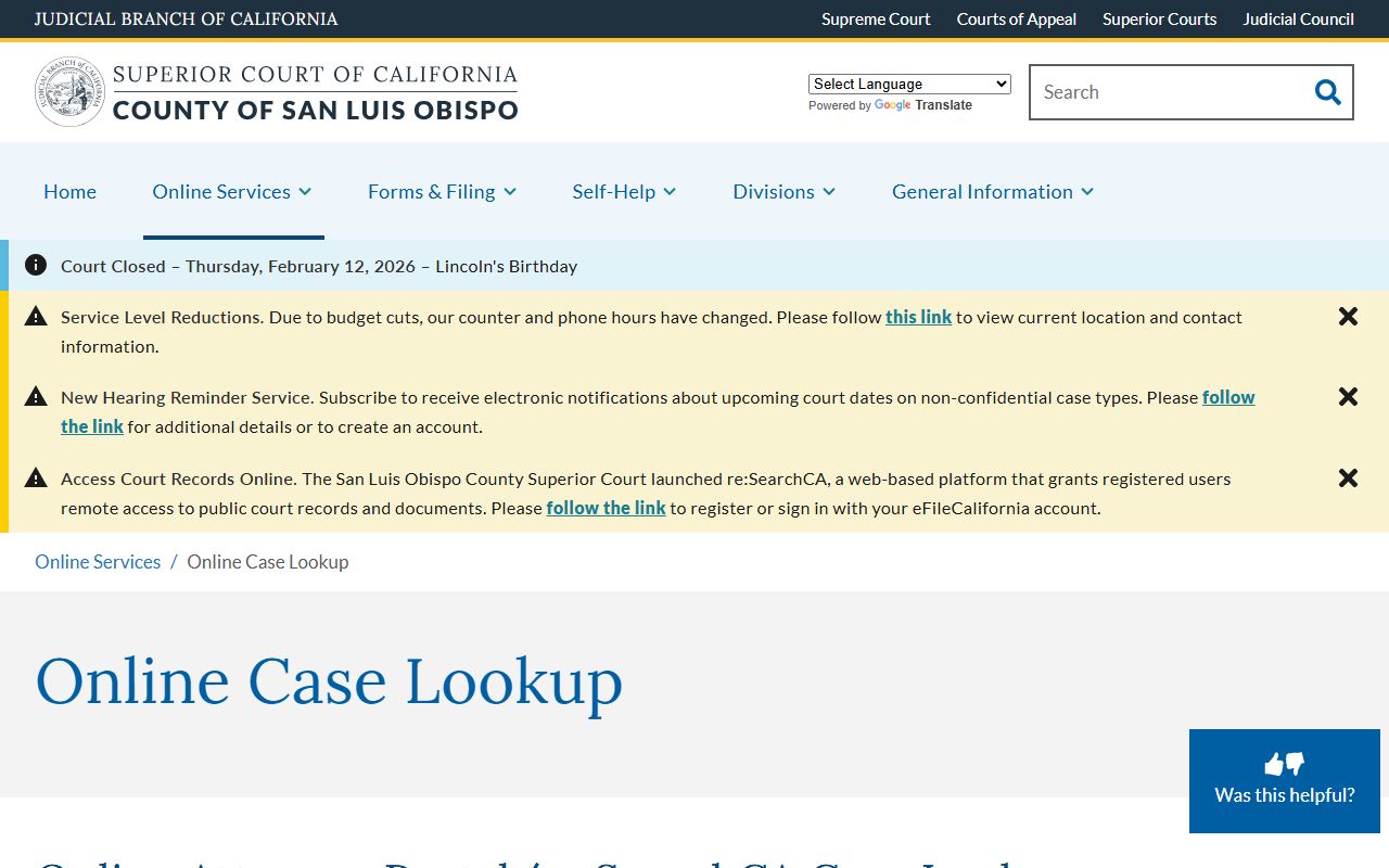 San Luis Obispo County court case lookup for criminal records