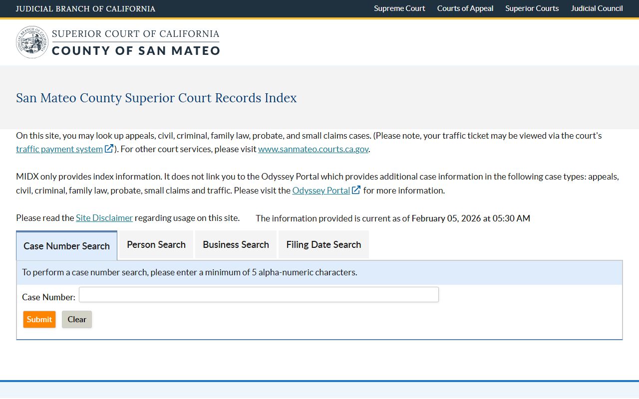 San Mateo County MIDX records index for criminal case search