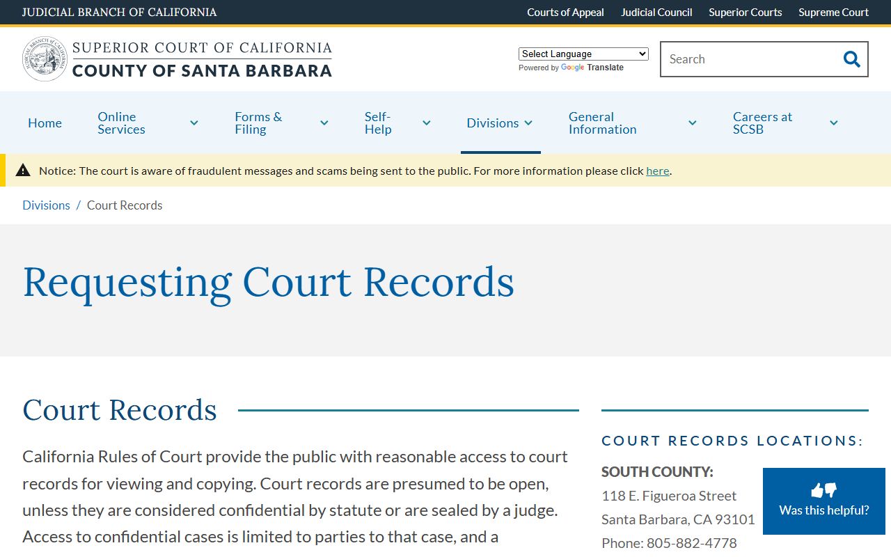 Santa Barbara County court records division page for criminal records