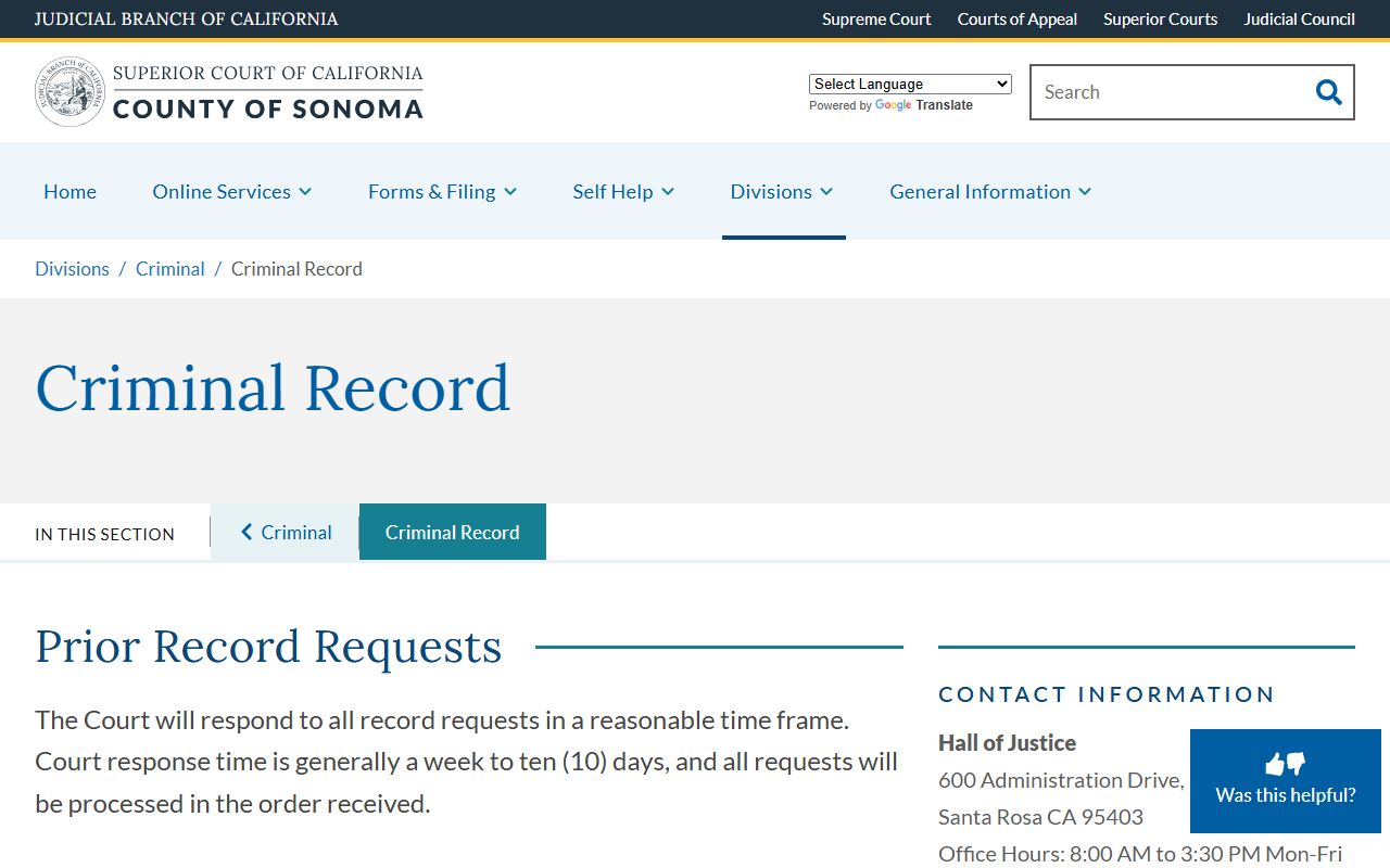 Sonoma County Superior Court criminal record request page