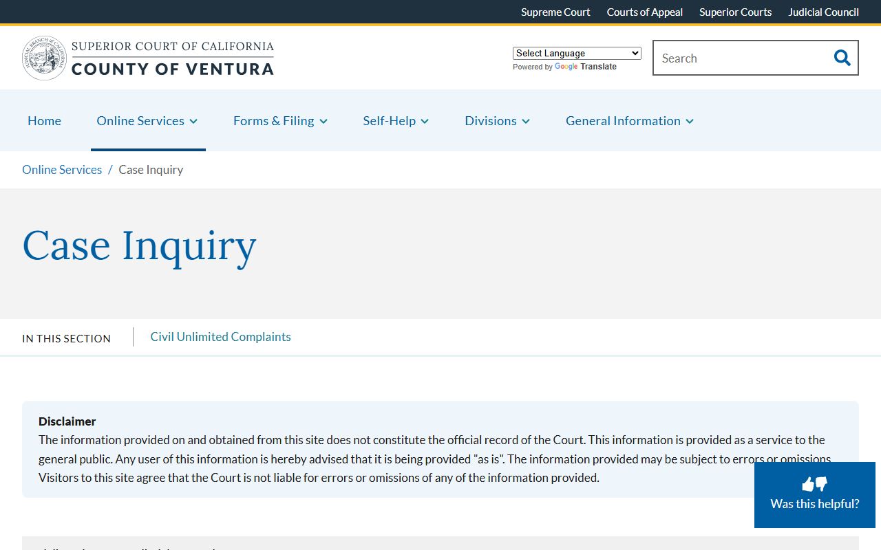 Ventura County criminal case inquiry page for criminal records