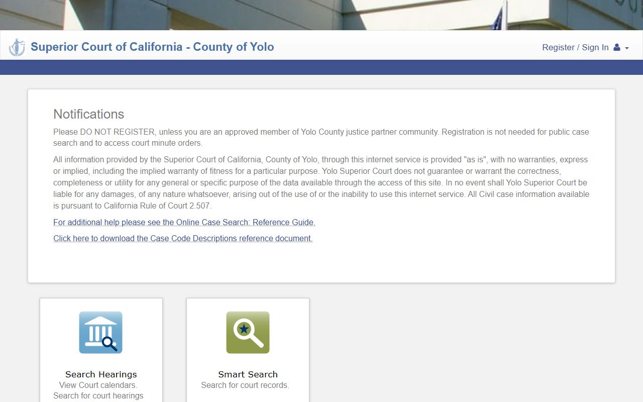 Yolo County court portal for searching criminal case records