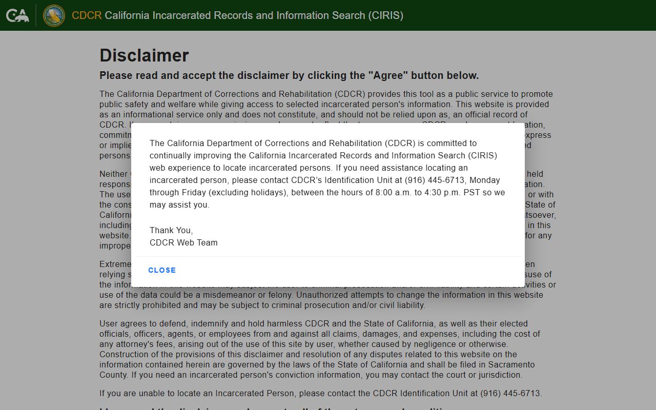 California CDCR CIRIS inmate search criminal records