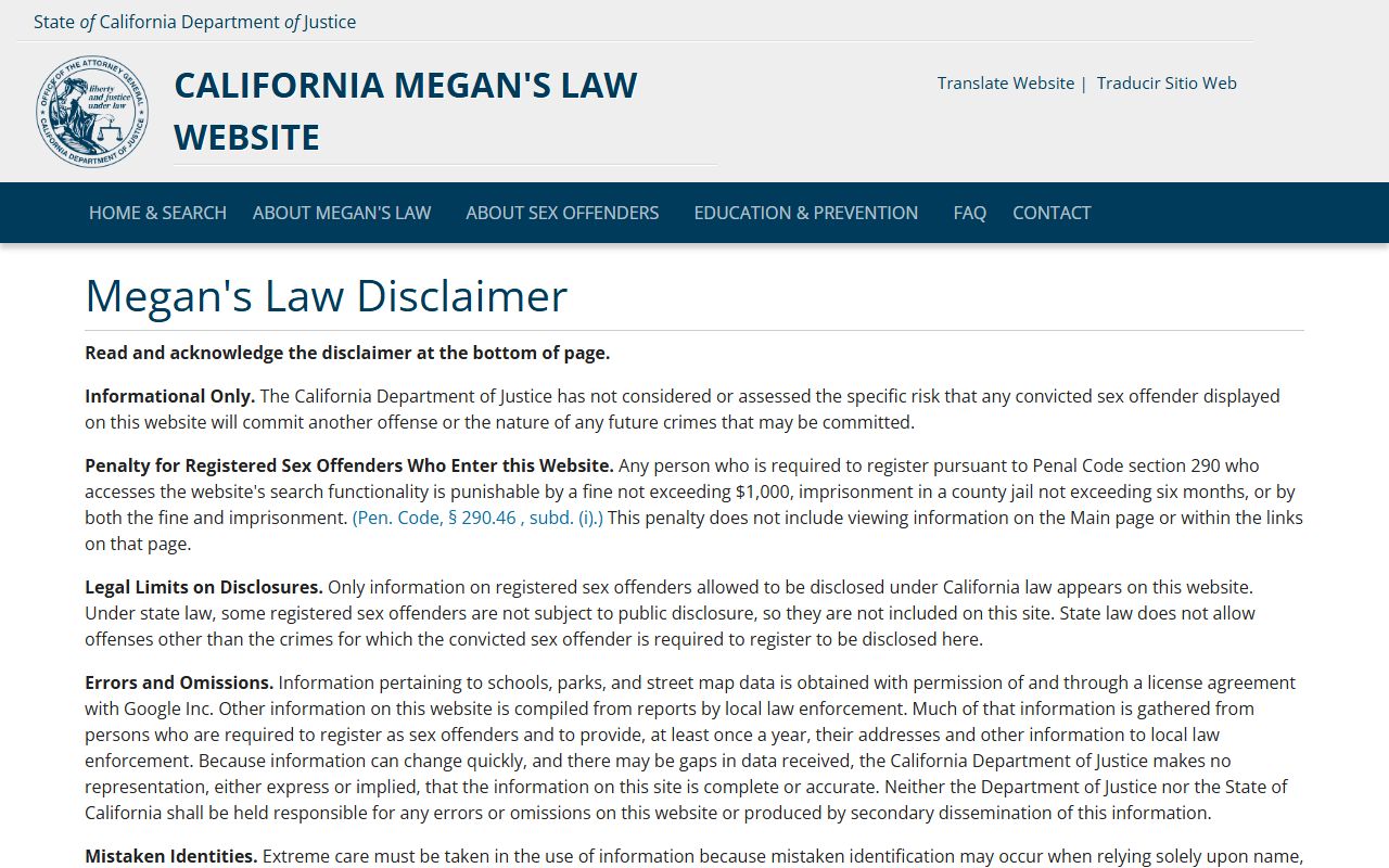 California Megan's Law sex offender registry criminal records